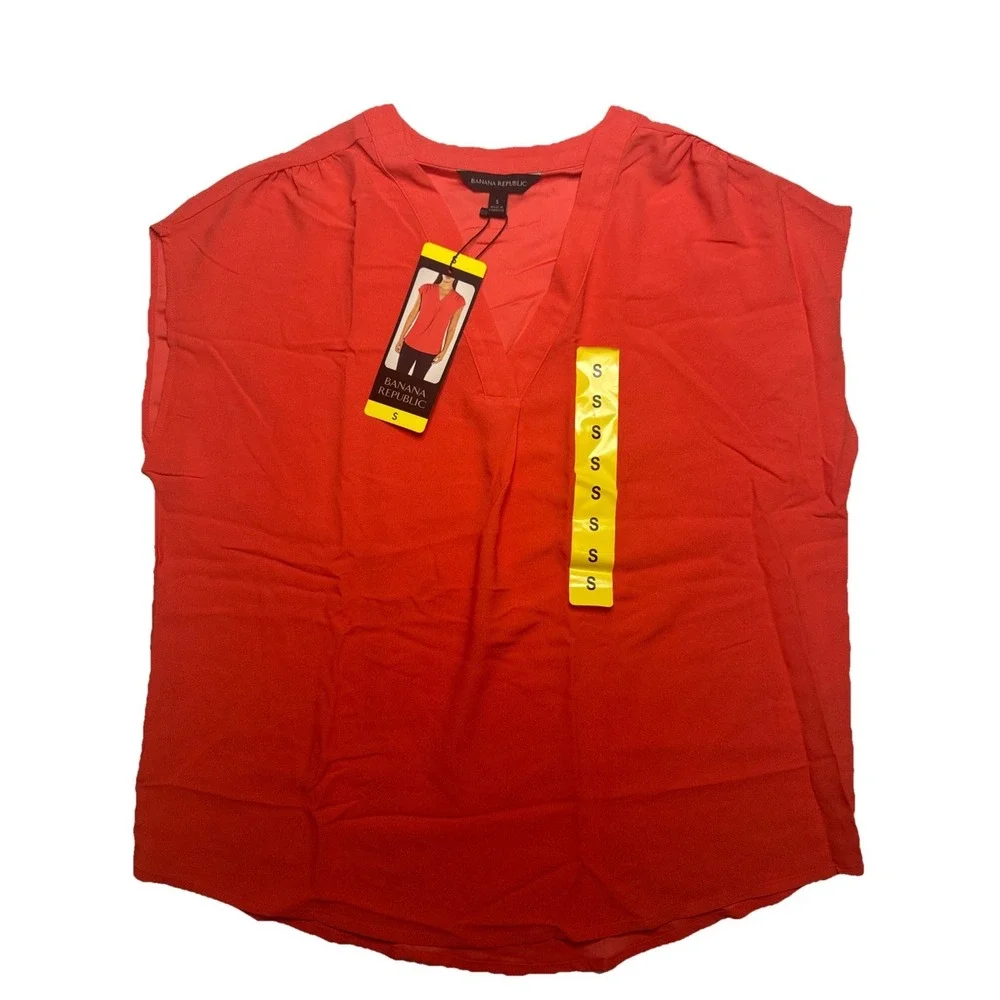 Blouse V-Neck Cap Sleeve Coral Orange S Banana Republic‎ Crepe Top 1764639